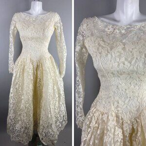 Vtg 50s Off White Floral Lace Button Back Tea Length Wedding Dress Size XS